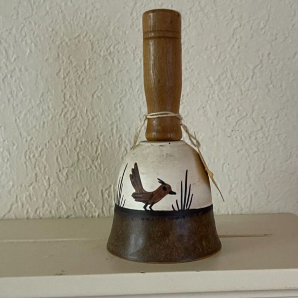 Southwest Tesa Pottery Hand Painted Roadrunner Bell Wood Handle Art Pottery VTG